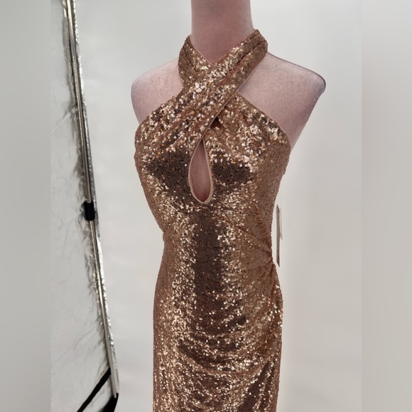 NWT Aqua Sequined Halter Evening Dress - Picture 6 of 14